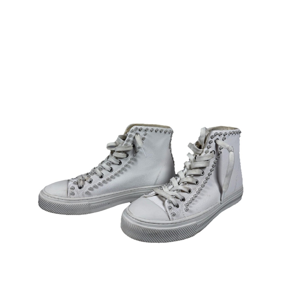 Stuart Weitzman‎ Olimin Pearl High Top Sneakers White Leather Size 8.5 EU 39